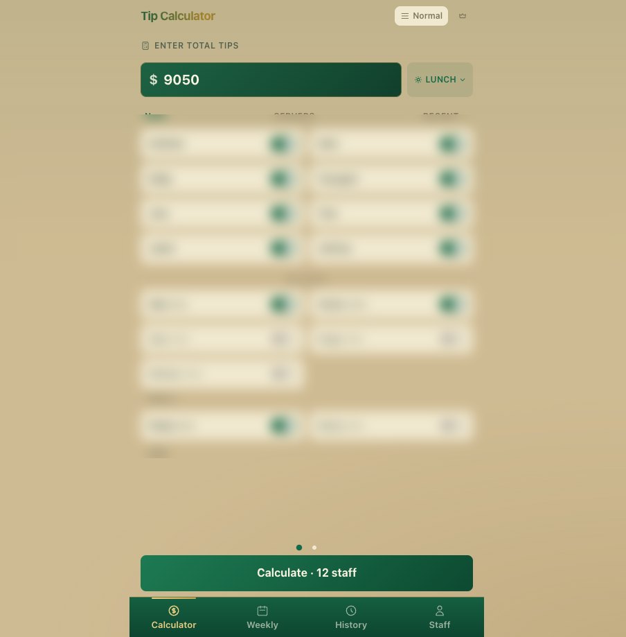 The miztips tip-calculator UI — total tips entered, the staff roster (names redacted for privacy), role-based toggles, and a Calculate action.