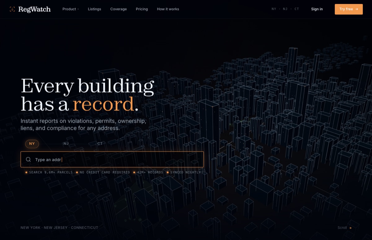 RegWatch landing page — a dark hero reading 'Every building has a record' over a 3D city, with an address search.