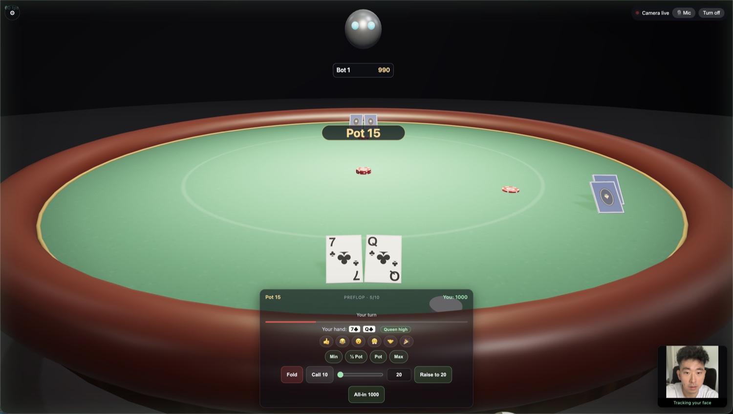 facecard in play — a 3D poker table with the pot, the player’s hole cards, action buttons, and live webcam face-tracking active in the corner.